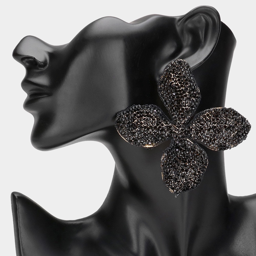 Oversized Black Crystal Flower Statement Earrings
